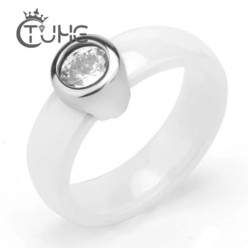 Engagement Ring AAA Cubic Zircon Big Stone Ceramic Ring Black White Stainless Steel Women Ring Fashion Jewelry Good Quality Gift