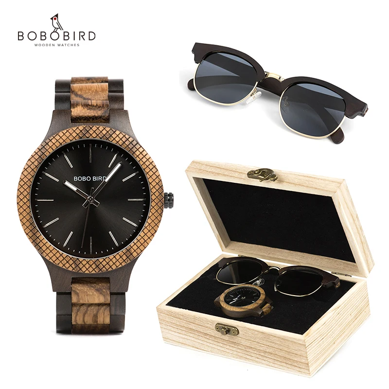 BOBO BIRD Men's Watch Sunglasses Set Wooden Timepieces Japan Movement Quartz Watches Men Great Custom Gift reloj hombre