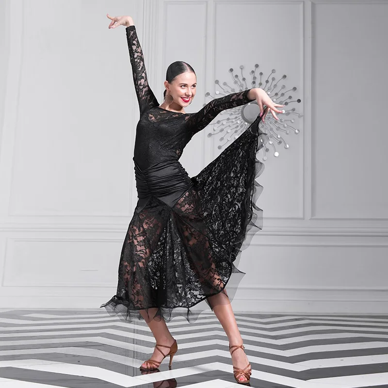 Nero vestito da ballo donna sala da ballo valzer abiti da ballo abiti da ballo moderni costumi di danza flamenco Spagnolo vestito frangia