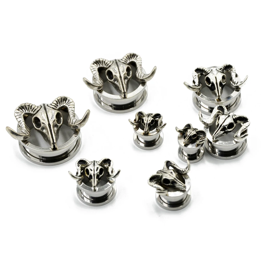 Showlove-2PC Stainless Steel Antique Tribal steel Sheepshead Screw Ear Plug Tunnel Ear Expander Body Piercing Jewelry