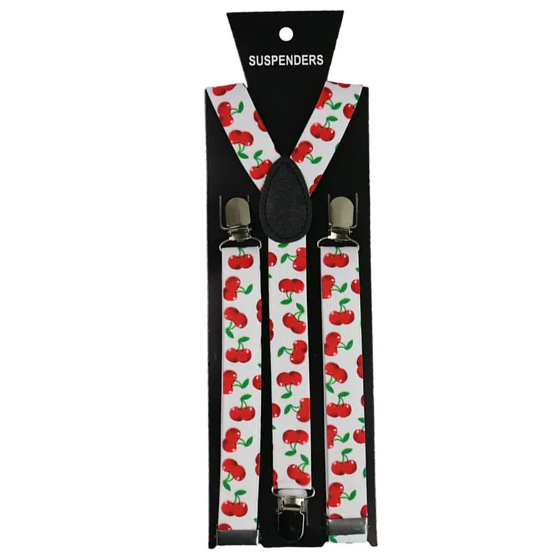 Winfox Fashion White Red Cherry Print Men Women Suspenders Y-Back Braces Adjustable Elastic Suspenders