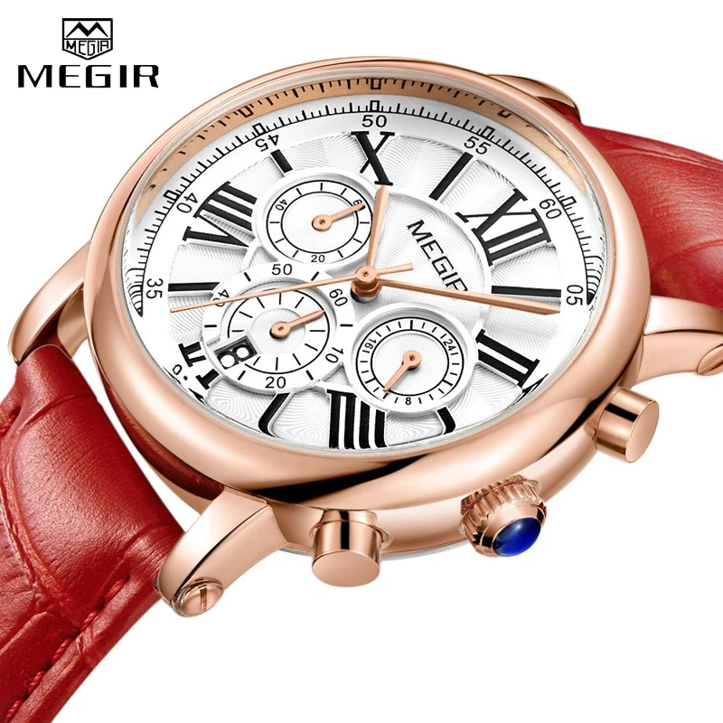 MEGIR Hot Chronograph Women\'s Watches Famous Luxury Top Brand Roman Numerals Female Clock Leather Quartz Ladies Watch Women 2058