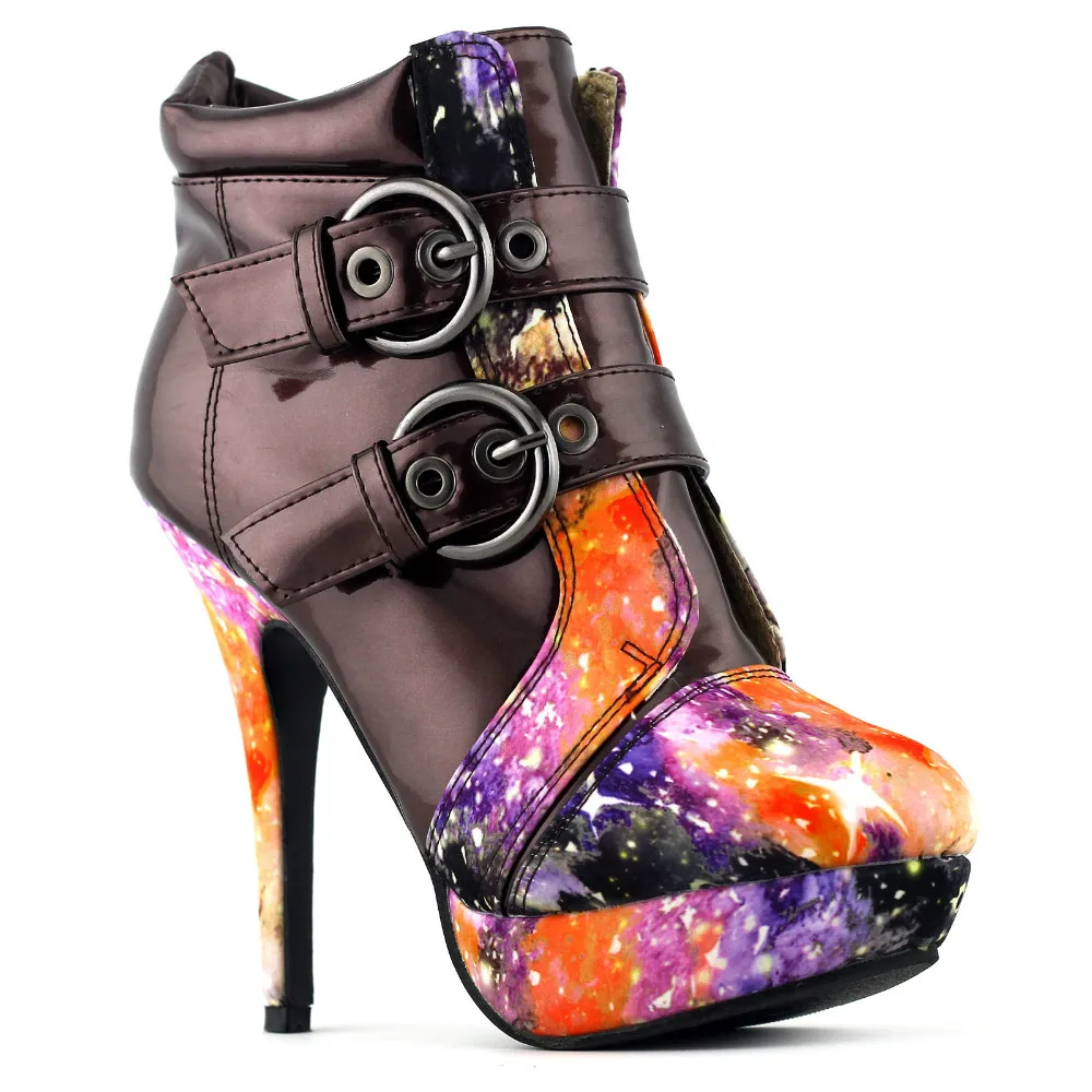 LF30301-2 Buckles Cosmic Galaxy Starry Night Sky High Heel Platform Ankle Boots