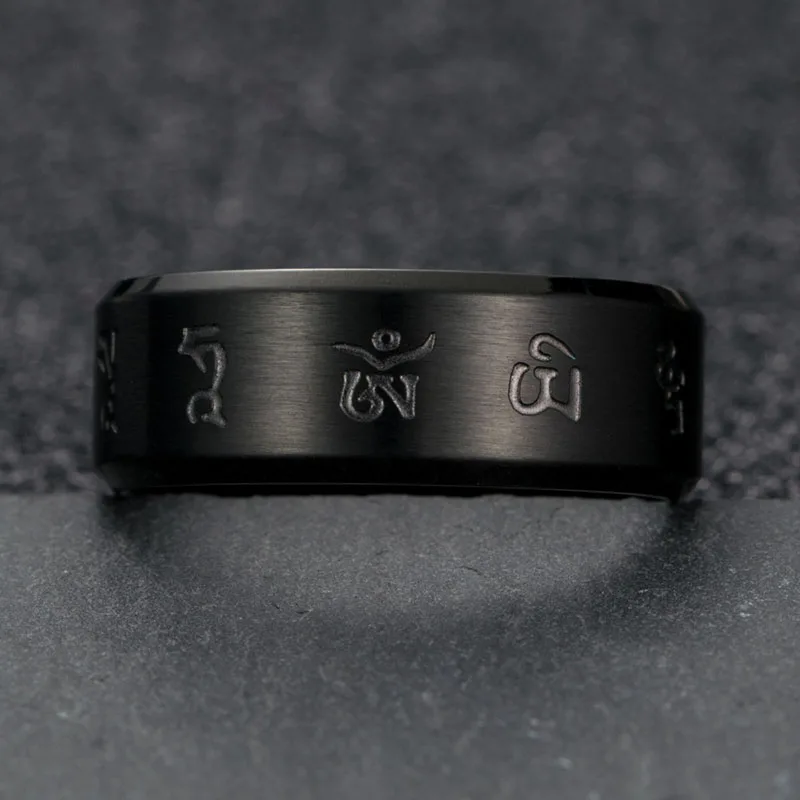 Tibetan Buddhism Black Good Luck Mantra Men\'s Ring Matte Stainless Steel Male Ring Mysterious Religious Buddhist Jewelry