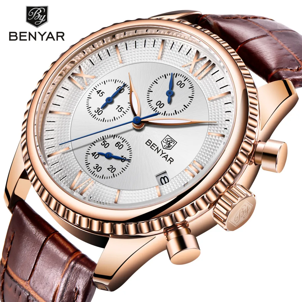 BENYAR mens watches waterproof luxury brand 24 hour date sport men's leather watch quartz wrist watch men, watch-proof