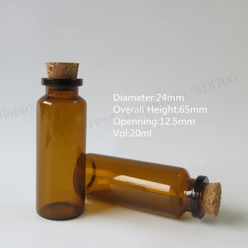 100pcs/lot 20ml Amber Glass Bottle With Wood Cork 2/3oz Brown Corked Glass Bottle 24*65*12.5mm Empty Glass Container with Cork