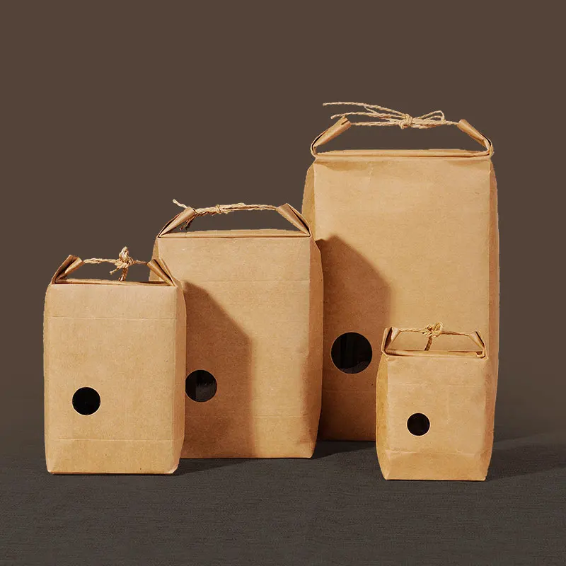 10pcs Moistureproof Red Brown Kraft Paper Gift Bags Box Clear Window Standing Up Kraft Paper Packaging Bag with Rope Handle