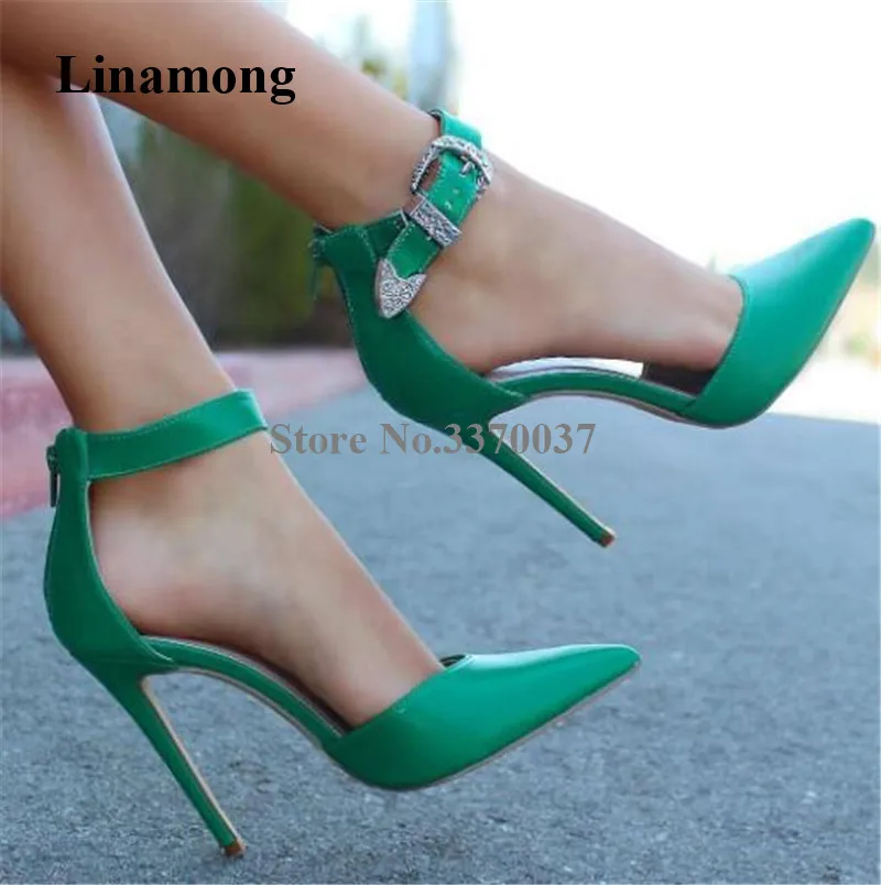 

Women Elegant Fashion Pointed Toe Stiletto Heel Pumps Green Leather Ankle Strap Metal Buckles High Heels Formal Dress Shoes