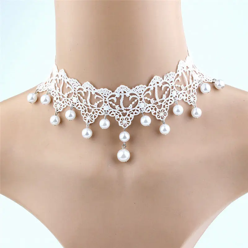 Bridal Jewelry New Fashion Elegant Vintage Imitation Pearl White Lace Statement Choker Necklaces For Women Wedding