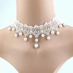 Bridal Jewelry New Fashion Elegant Vintage Imitation Pearl White Lace Statement Choker Necklaces For Women Wedding
