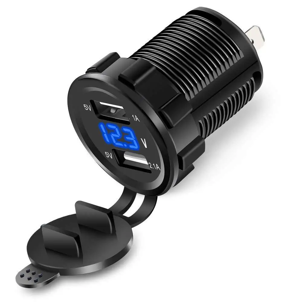 Dual USB Car Charger Socket Power Outlet 1A & 2.1A Blue LED Digital Voltmeter Fast Charge Adapter Car Boat Marine Mobile