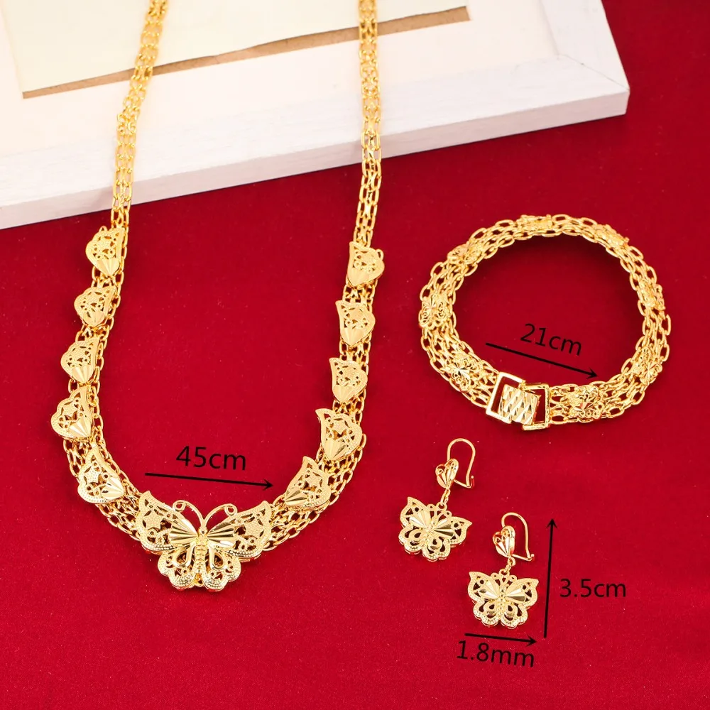 Ethiopian Wedding Jewelry Sets 24K Gold Color Butterfly Earring Bracelet Necklace Sets For Wedding Jewelry