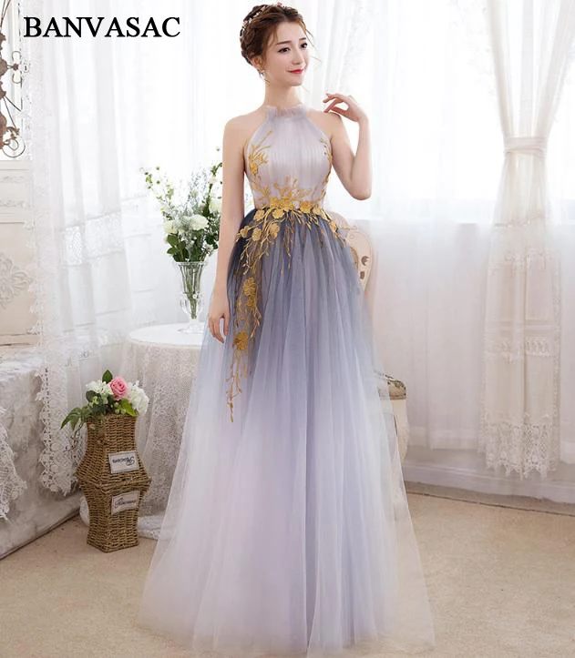 Banvasac Halter Renda Emas Appliques Garis Panjang Gaun Malam Pesta Bahu Tulle Backless Prom Gaun