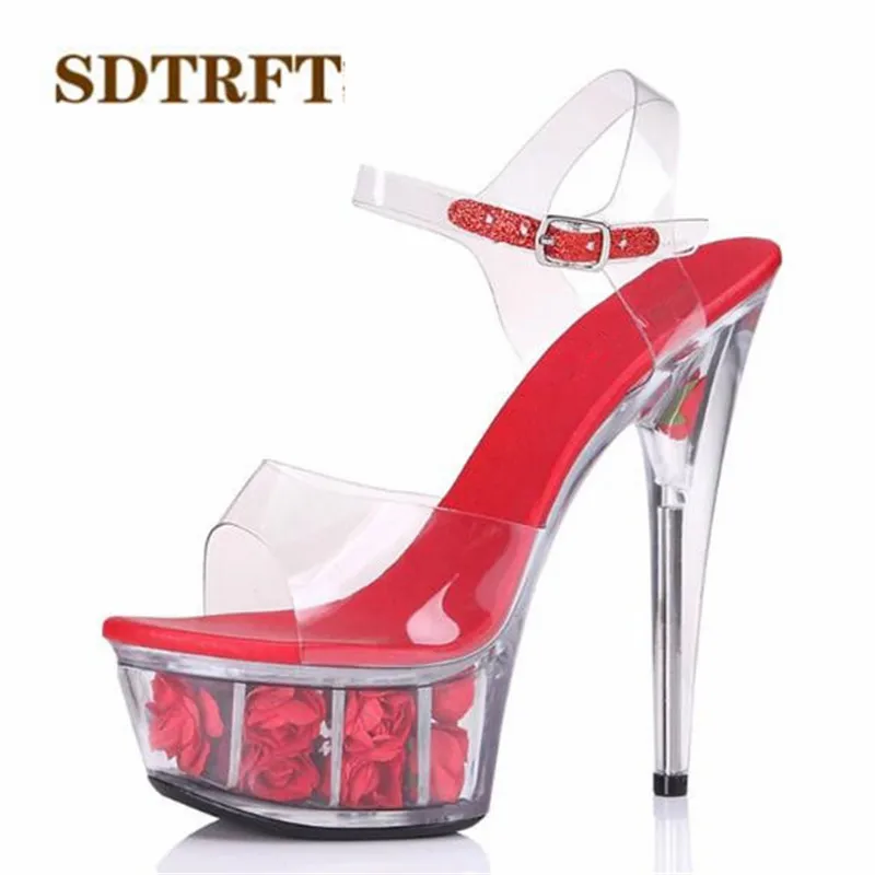 SDTRFT SUMMER transparent Stilettos zapatos mujer 15cm thin heels Flowers platform sandals Ankle strap shoes woman wedding pumps