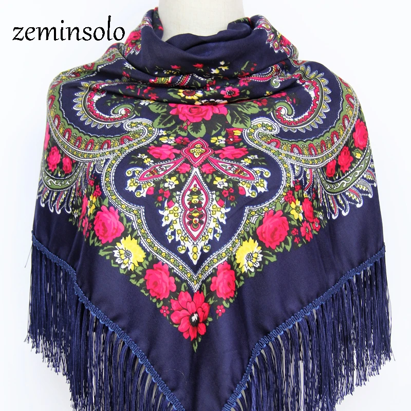 Sciarpe russe invernali di marca di lusso per le donne sciarpa quadrata scialle stampa Bandana floreale fazzoletto di cotone frangia nappa fatta a
