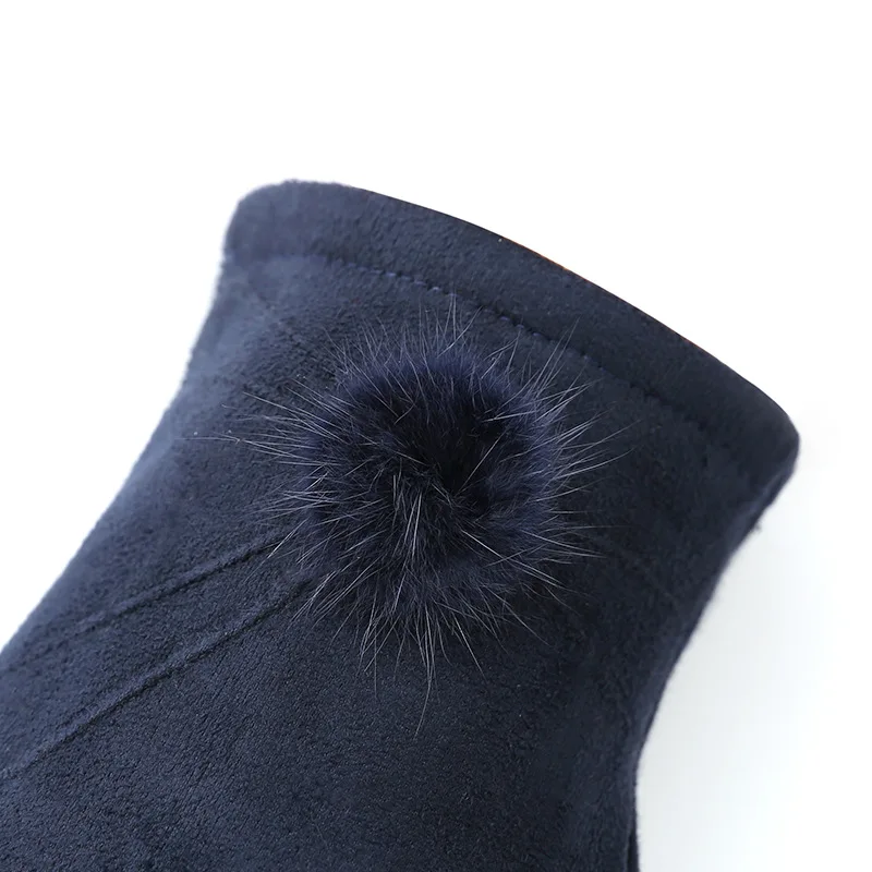 Winter Female Cashmere Suede Leather Hairball Mitten Women Thick Plus Plush Windproof Warm Wrist Touch Screen Driving Gloves B75