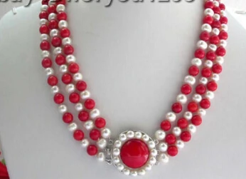 

Women Gift Genuine! 3row 6-7MM Natural White Pearl Red Coral Necklace Large beads 18-20inch longer