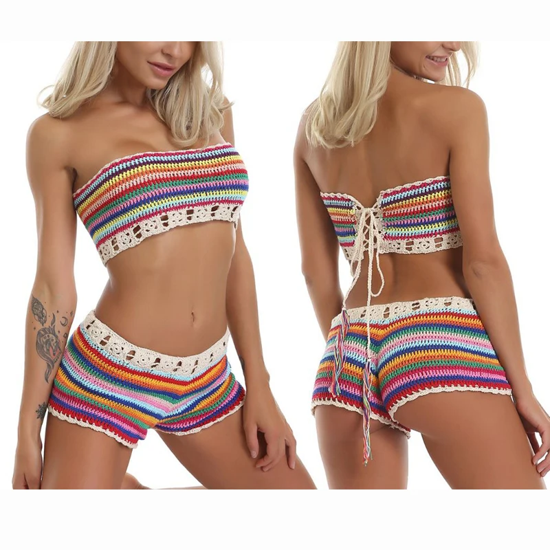 

Womens Sexy Bohemian Rainbow Handmade Crochet Knitted Bikini Set Drawstring Lace Up Bandeau Tube Top Shorts Beach Swimsuit