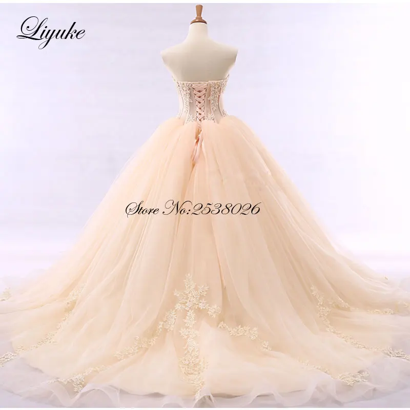 Contrast Color Elegant Strapless A-Line Champagne Wedding Dress Cohapel Train Customs made Bride robe de mariage