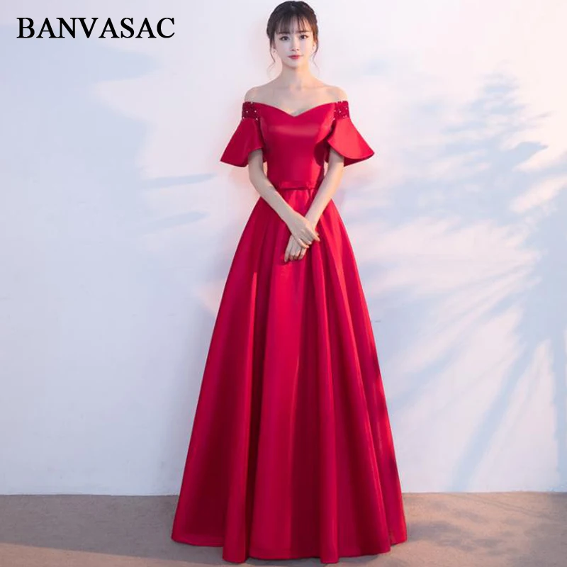 

BANVASAC 2018 V Neck Crystal Short Sleeve Long Evening Dresses Elegant A Line Bow Sash Backless Party Prom Gowns