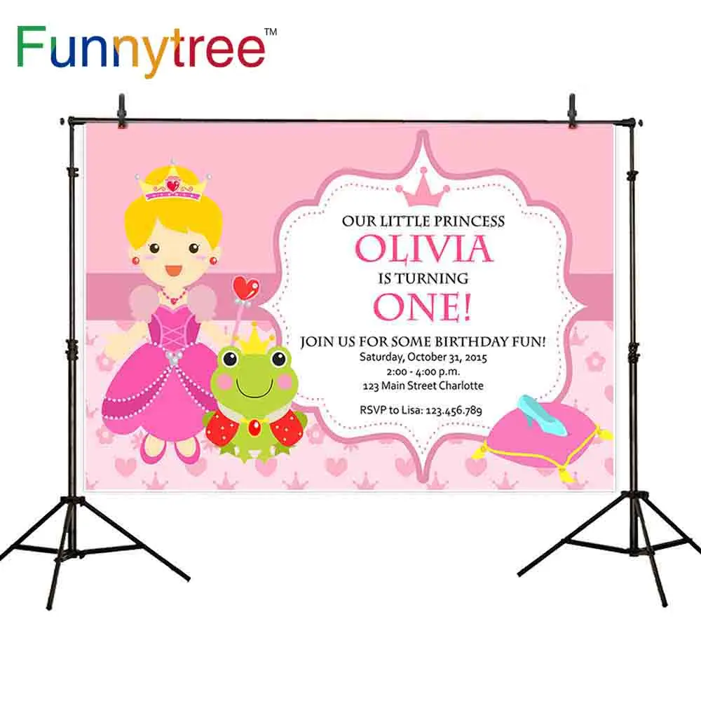 Funnytree photography backdrops pink princess Frog prince Crystal shoes frame Custom text baby birthday party phoyo background