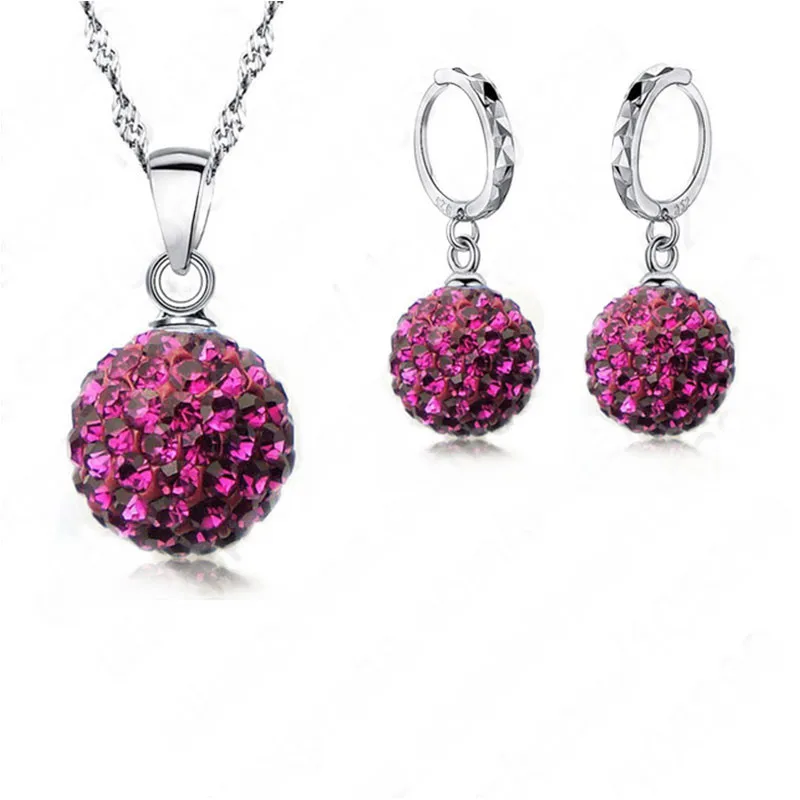 Popular 925 Sterling Silver Jewelry Sets Full Crystals Disc Round Ball Pendant Necklace Hoop Earrings For Women Female