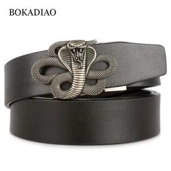 BOKADIAO Men Genuine Leather Belt Metal Snake Automatic Buckle Black Cowskin Waistband Luxury Brand Designer Belts for Men Jeans