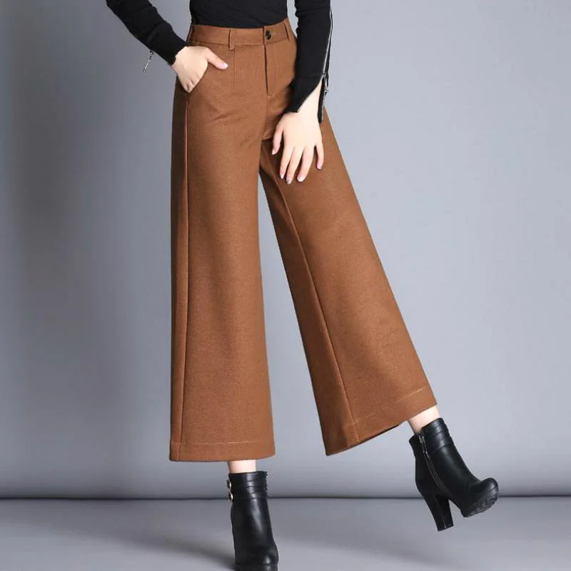 

2017 Fall Winter Office Lady Woman High Waisted Wide Leg Loose Black Camel Wool Trousers , Autumn Elegant Women 4xl Woolen Pants