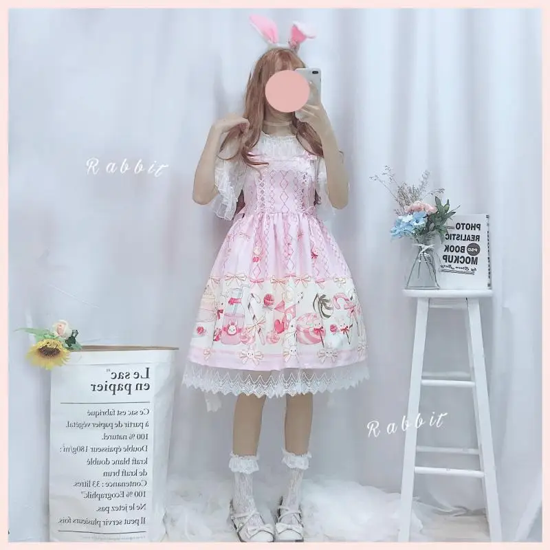 Japanese JSK Lolita Dress women summer dress sweet soft girl wind cute cartoon lolita suspender dress cute