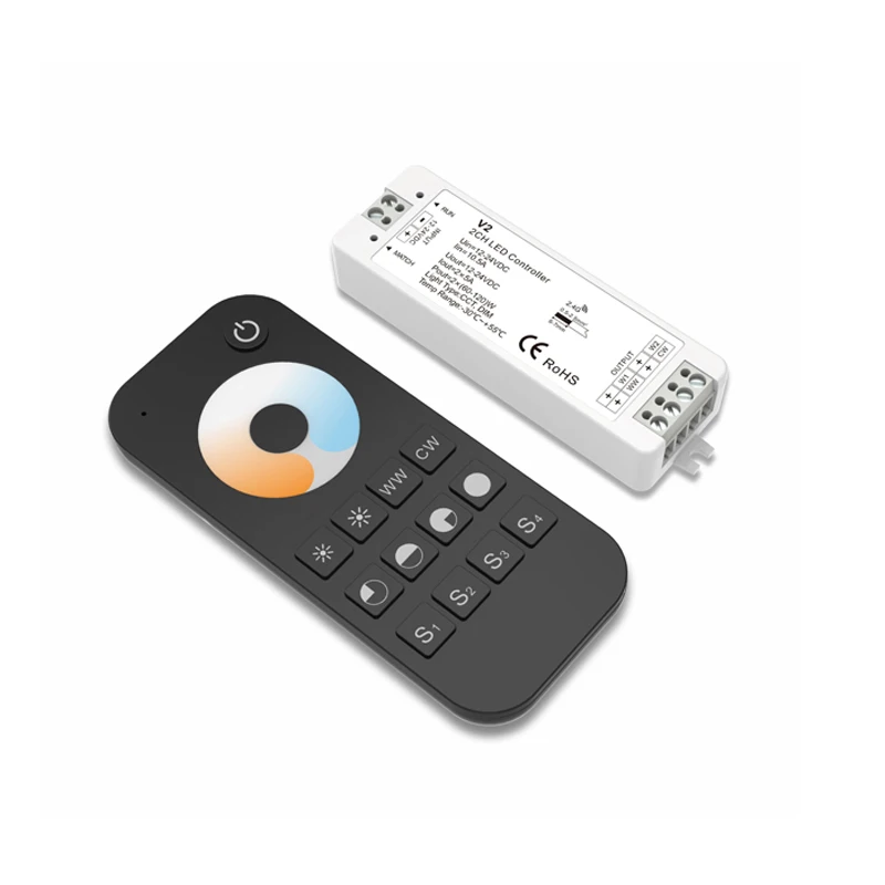 

SKYDANCE New Led Strip Color Temperature Controller 2.4G RF Remote 5A*2CH 10A 240W Output 12V-24V Dimming CT Control V2+RT2