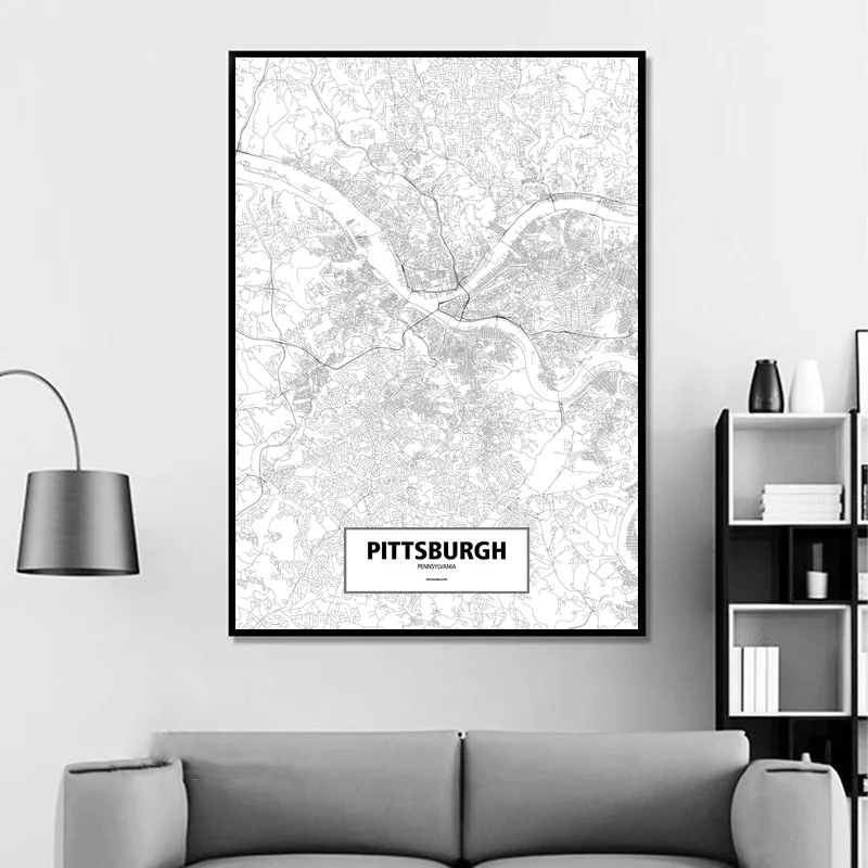 Pittsburgh, Pennsylvania, United States Black White Custom World City Map Poster Canvas Print Nordic Style Wall Art Home Decor