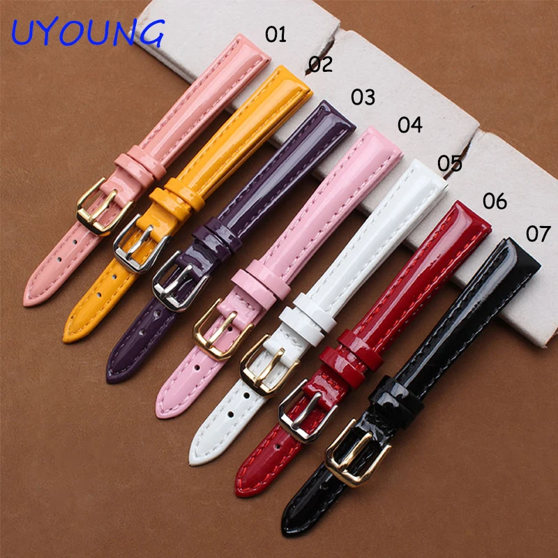 Small Size cowhide Watchbands 12mm 14mm 16mm Colour High light watch Bracelet For Women glossy leather Strap