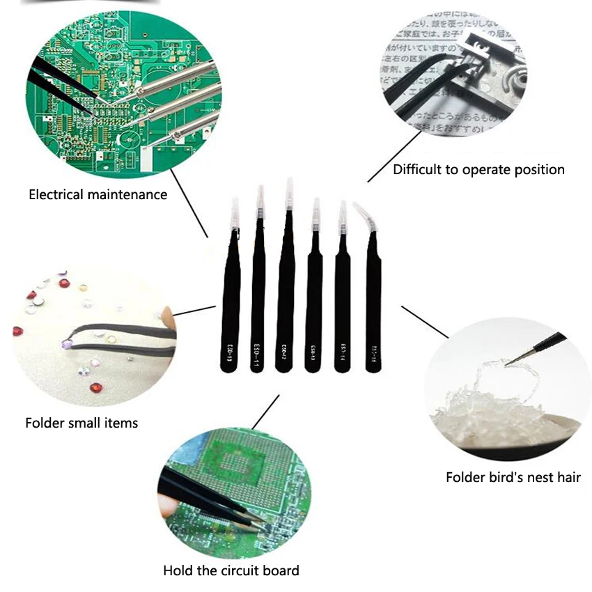 6ชิ้น/เซ็ต Precision แหนบสแตนเลสสตีลแหนบชุดสำหรับ BGA Work Repair เครื่องมือ ESD-10,11,12,13,14,15
