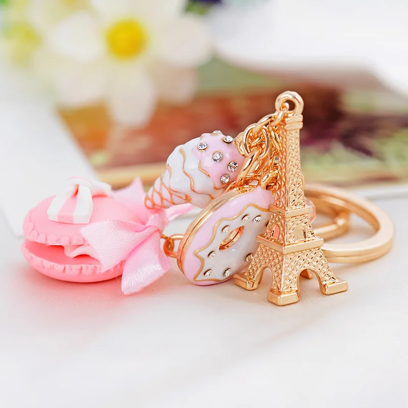 Creative Jewelry Macaron Cake Eiffel Tower Element Pendant Keychains Crystal Keyrings Charms Gift For Women