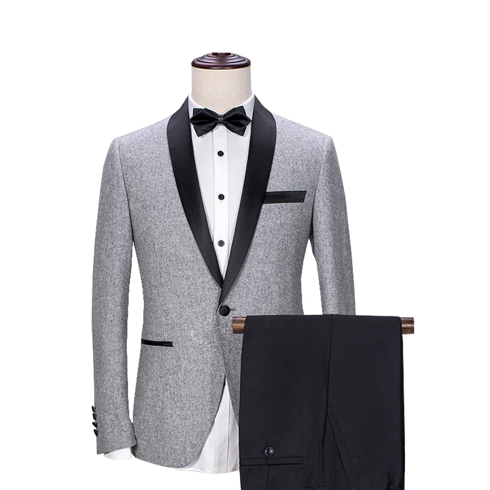 

Mens Suits Shawl Collar 2 Pieces Slim Fit Grey Suit Mens Groom Tweed Wool Jacket Tuxedos for Wedding(Blazer+Pants+Tie)