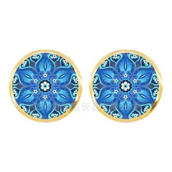 빈티지 불교 차크라 12mm 유리 라운드 카보 숑 스터드 귀걸이 여성을 위한 Om 인도 요가 만다라 꽃 보석, 여자 아이 