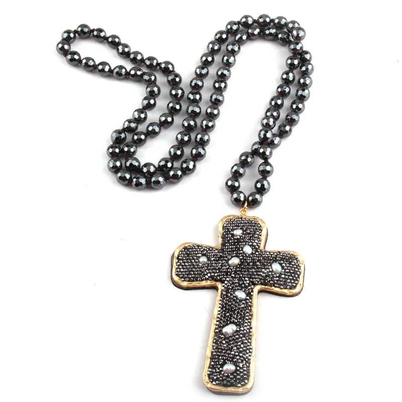 Fashion Bohemian Jewelry Faceted Hematite Stone Knotted Crystal Paved Pearl decoration Cross Pendant Necklaces