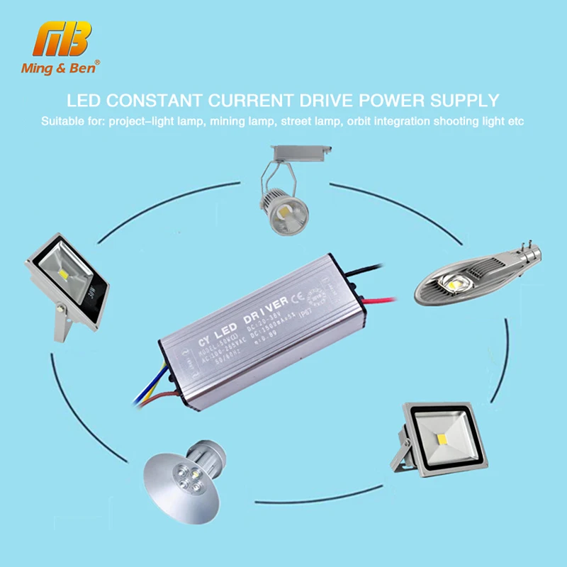 MINGBEN IP65 LED Driver 10W 20W 30W 50W 70W Convert AC85-265V to DC22-38V No Flicker DIY Power Supply for Flood Light Spotlight