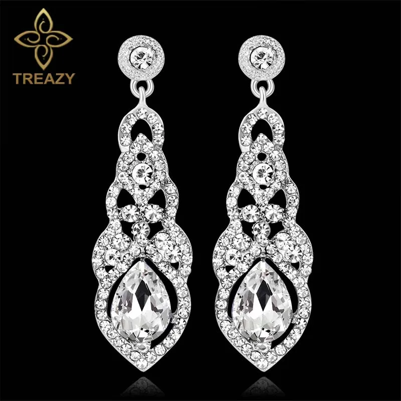 TREAZY Fashion Crystal Wedding Long Earrings for Women Champagne Red Blue Silver Color Bridal Drop Earrings Wedding Jewelry