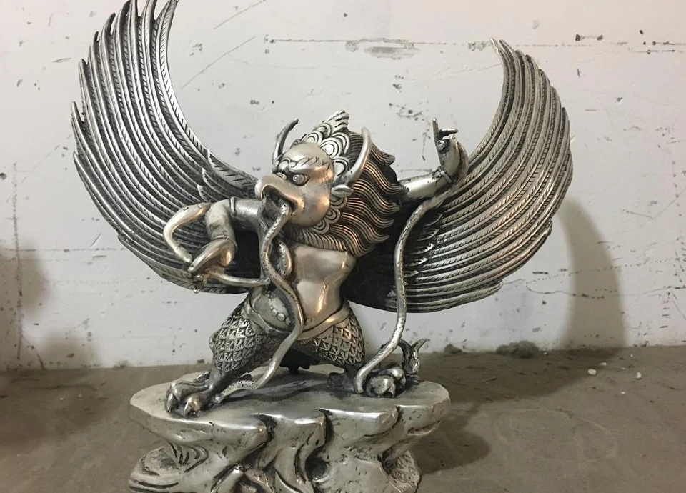 Tibet Buddhism Copper Gilt Silver Redpoll Winged Garuda Bird Eagle Buddha Statue