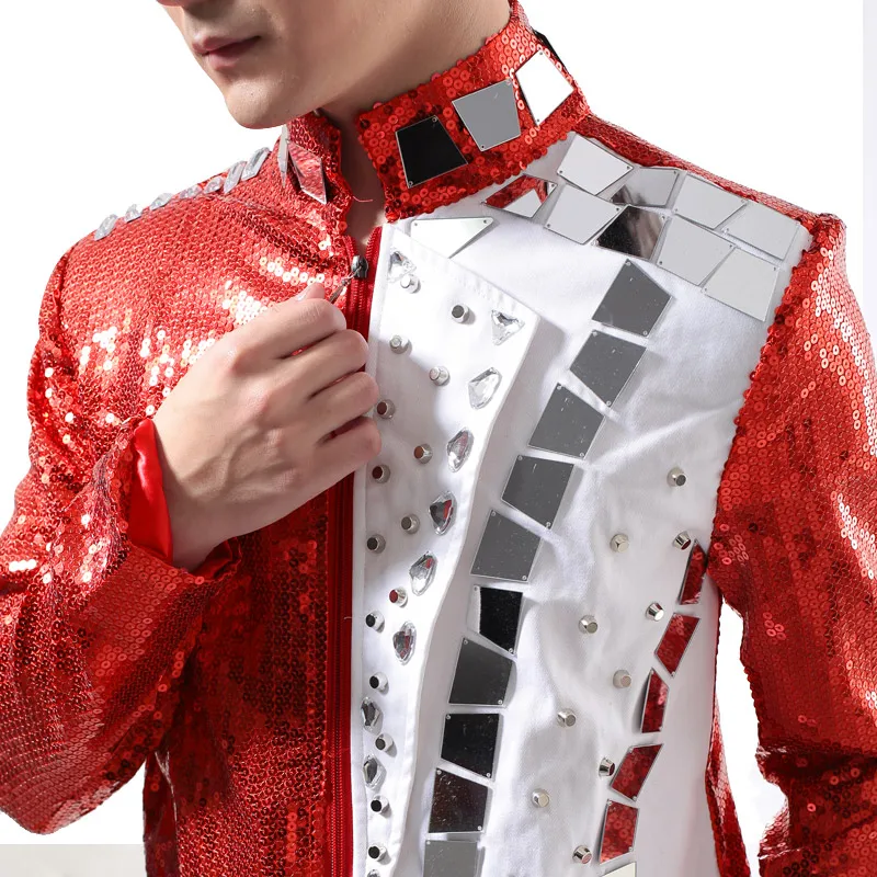 Nightclub Male singer DJ Rock Punk Costumes Red Sequins Reflective lenses Rivet Jacket Coat Bar stage show performance clothing