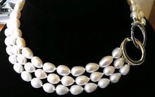 unique lady's beautiful Women Gift word Love 3 ROWS 9-8MM GENUINE WHITE AKOYA PEARL NECKLACE 19-18