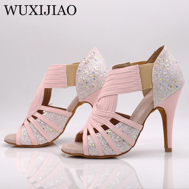 Latin dance shoes women\'s wide with blue pink green fluorescent PU flash cloth salsa dance performance ballroom dance shoes