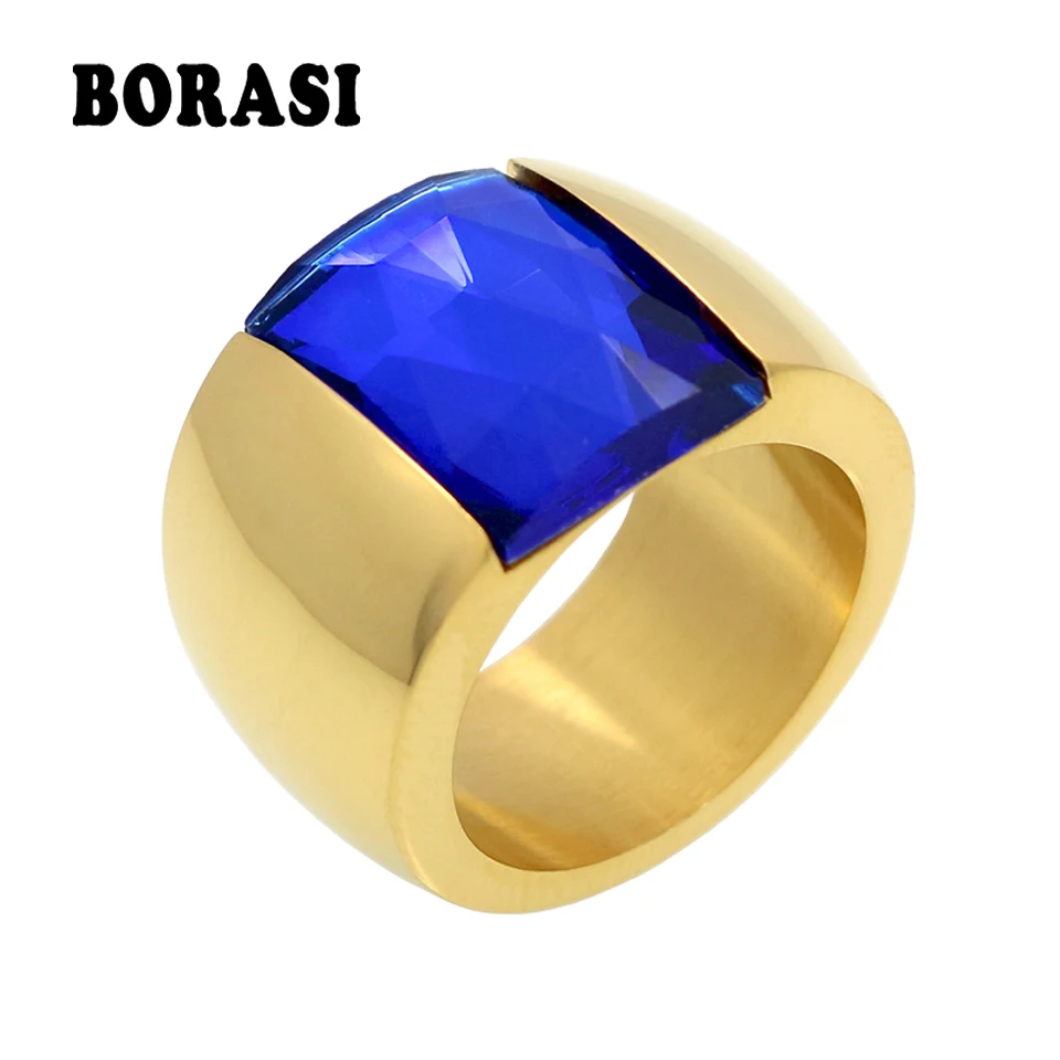 Fashion Brand Stainless Steel Ring For Women Austrian Crystal Blue Green Red Stone Ring Gold Color Female Wedding Ring  Band