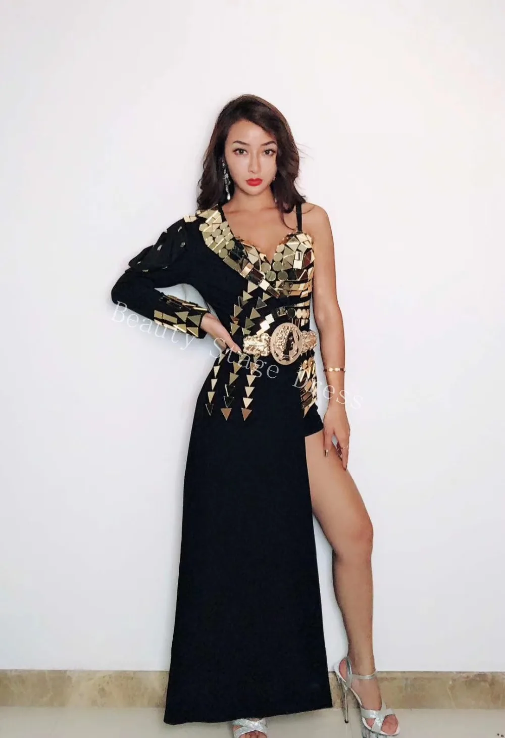 New Design Golden Mirror Black Playsuits Long Windbreaker One Shoulder Jacket Singer Hosting Master of Ceremony DJ Stage Costume