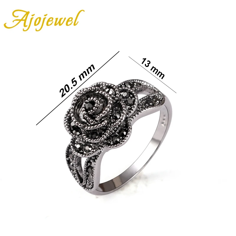 Rhinestone Black Flower Finger Ring For Women Brand Jewelry Vintage Style Size 6-10