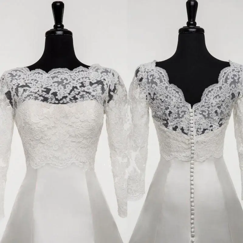 Gorące okłady białe kości słoniowej aplikacje ślubne kurtki wzrusza ramionami okłady Lace Bridal bolerka V-z guzikami na plecach 3/4 z długim rękawem kurtka na zamówienie