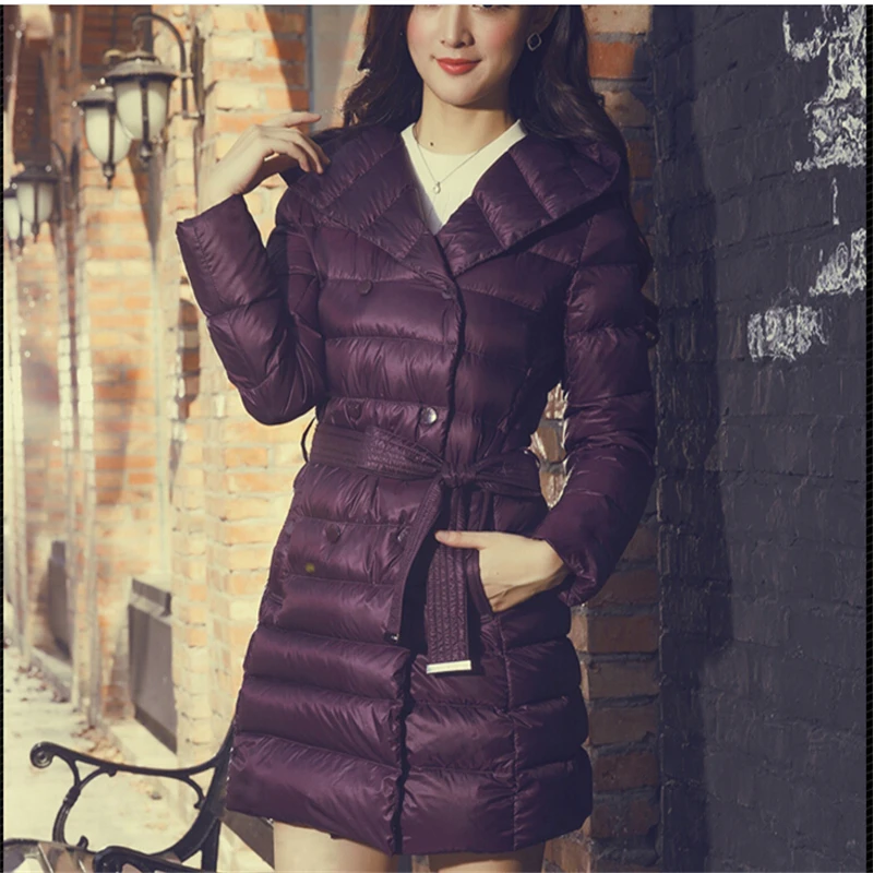 

2020 New Fashion 90% Duck Down Winter Jacket Women Brand Long Sleeve Hooded Long Plus Size Warm Coat Casual With Sashes CC283