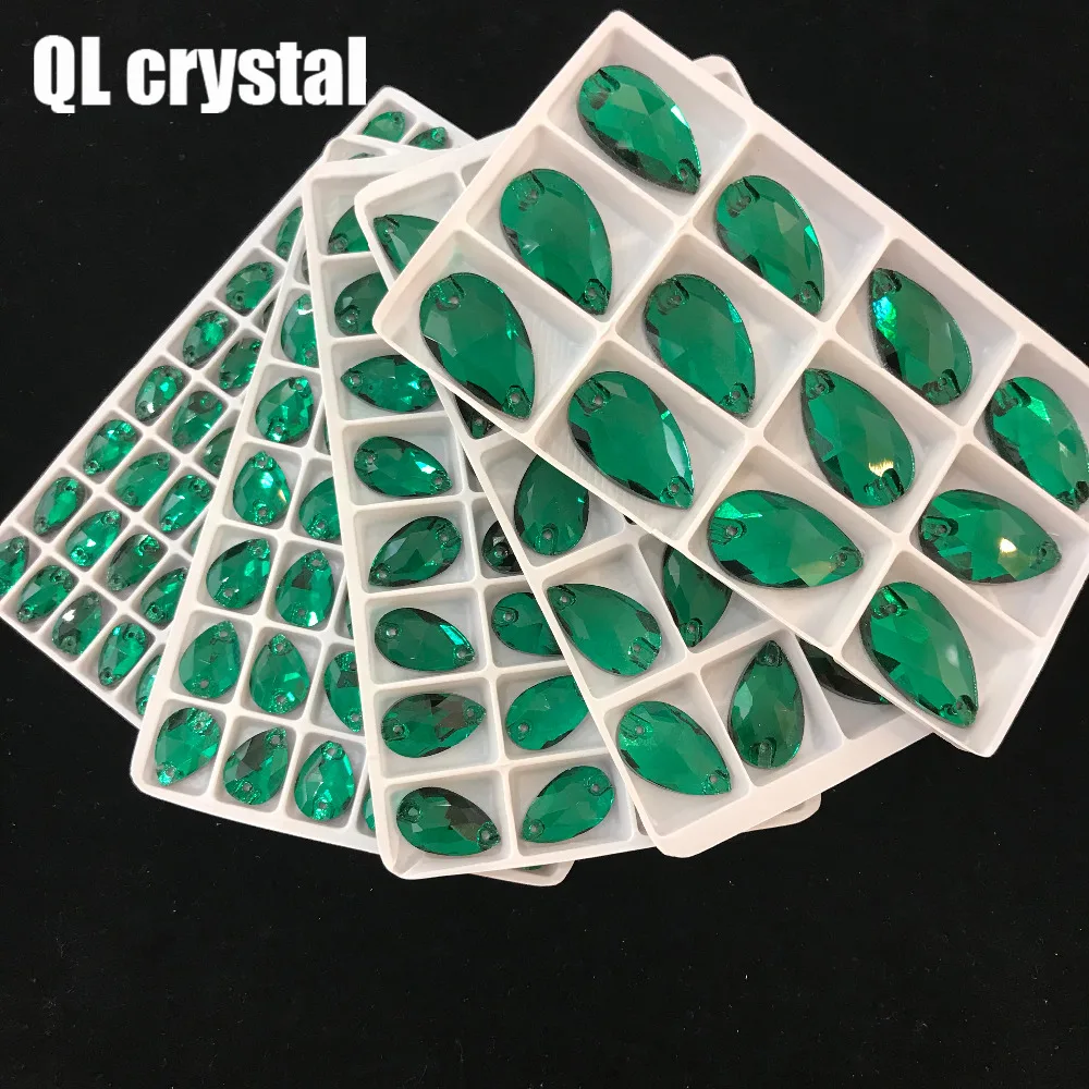 QL Crystal 2019 popular Malachite green Drops Sew On Crystals for Craft Sewing On Rhinestone 2 Holes DIY Garment Dress Making