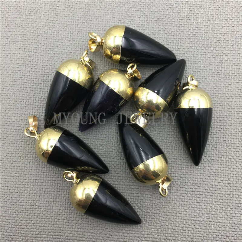 

Circular Cone Onyx Petite Point Pendant With Pure Gold Color Cap and Bail,Black Agates Point Charm For DIY Jewelry MY0244